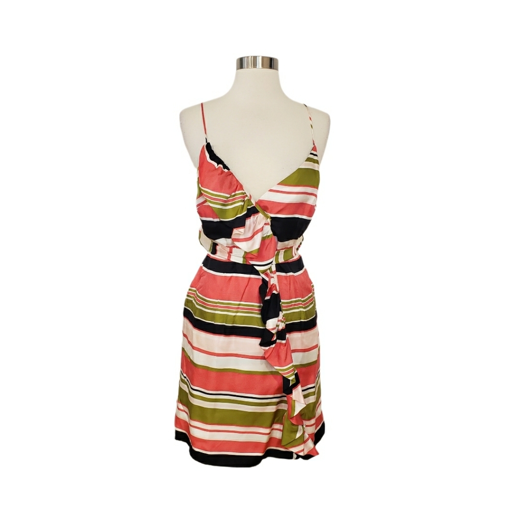 MILLY Size 4 Silk Dramatic Ruffle Striped Mini Wrap Dress with Sash
